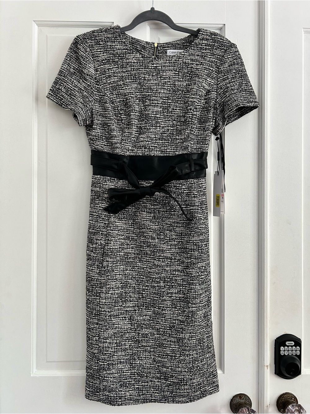 Calvin Klein Black and White Tweed Waist-Tie Midi Dress